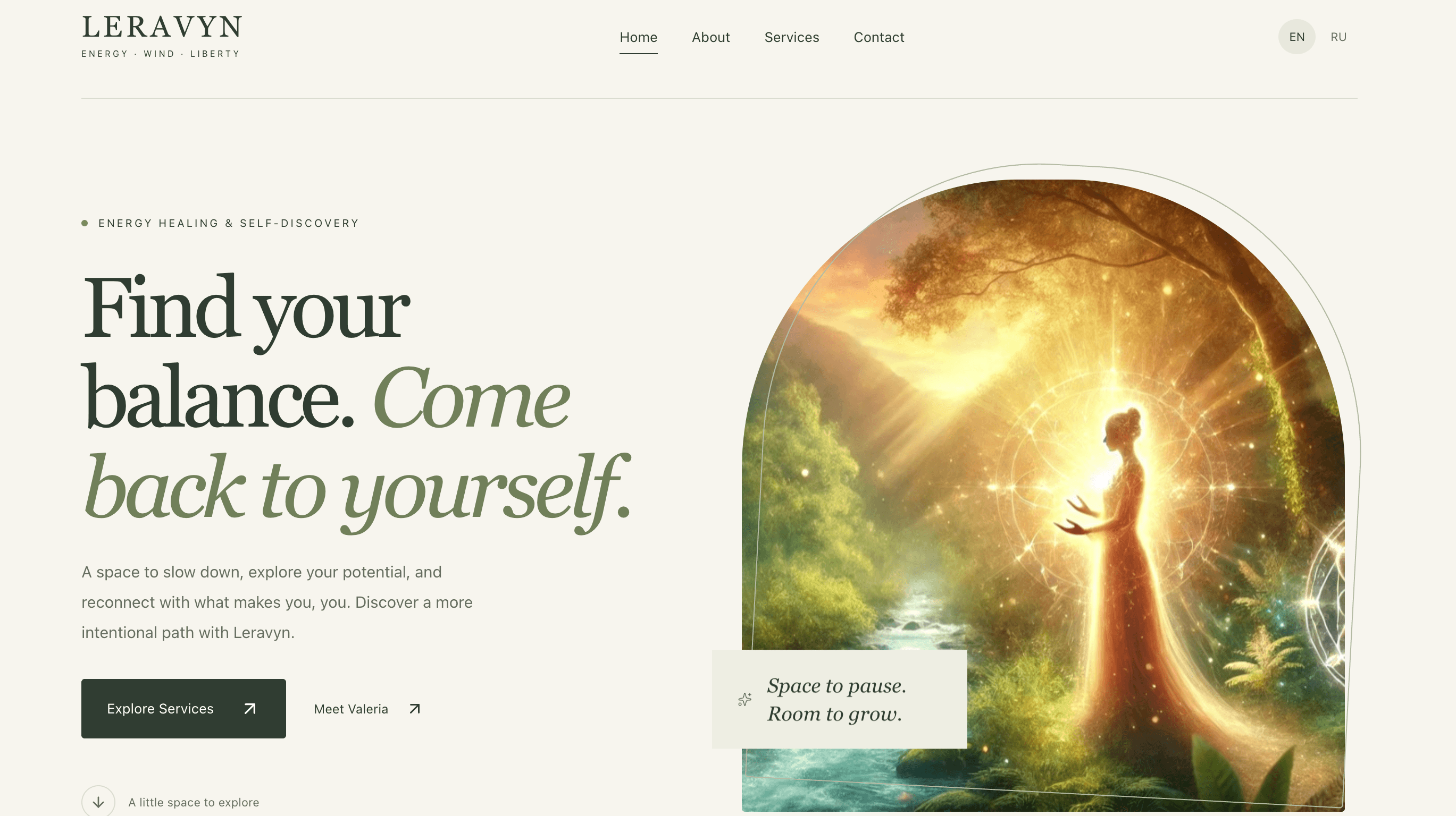 Leravyn homepage with botanical colours and a sunlit forest illustration.